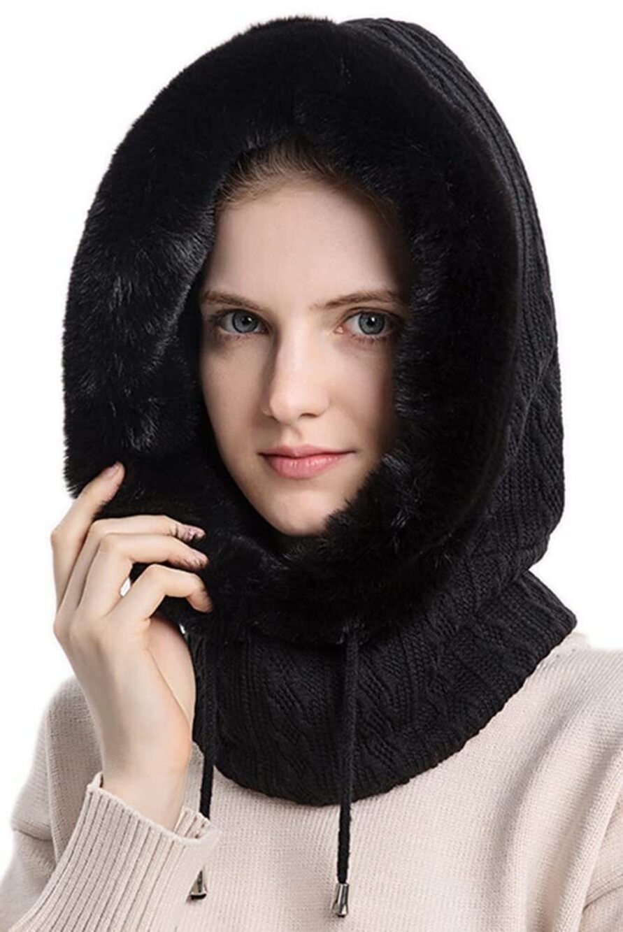 5178 One Piece Slouchy Fleece Beanie Hats Scarf Mask Drawstring Warm Hooded